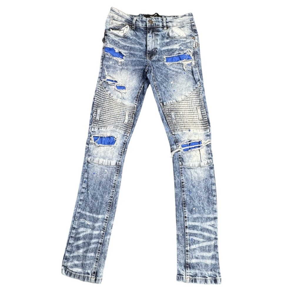 Solutus Distressed Skinny Jeans Mens 30x32 Blue Distressed Paint Splatter Skinny